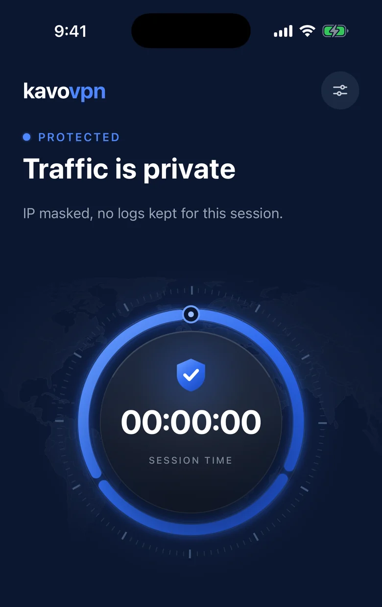 Kavo VPN home screen: Protected, traffic is private