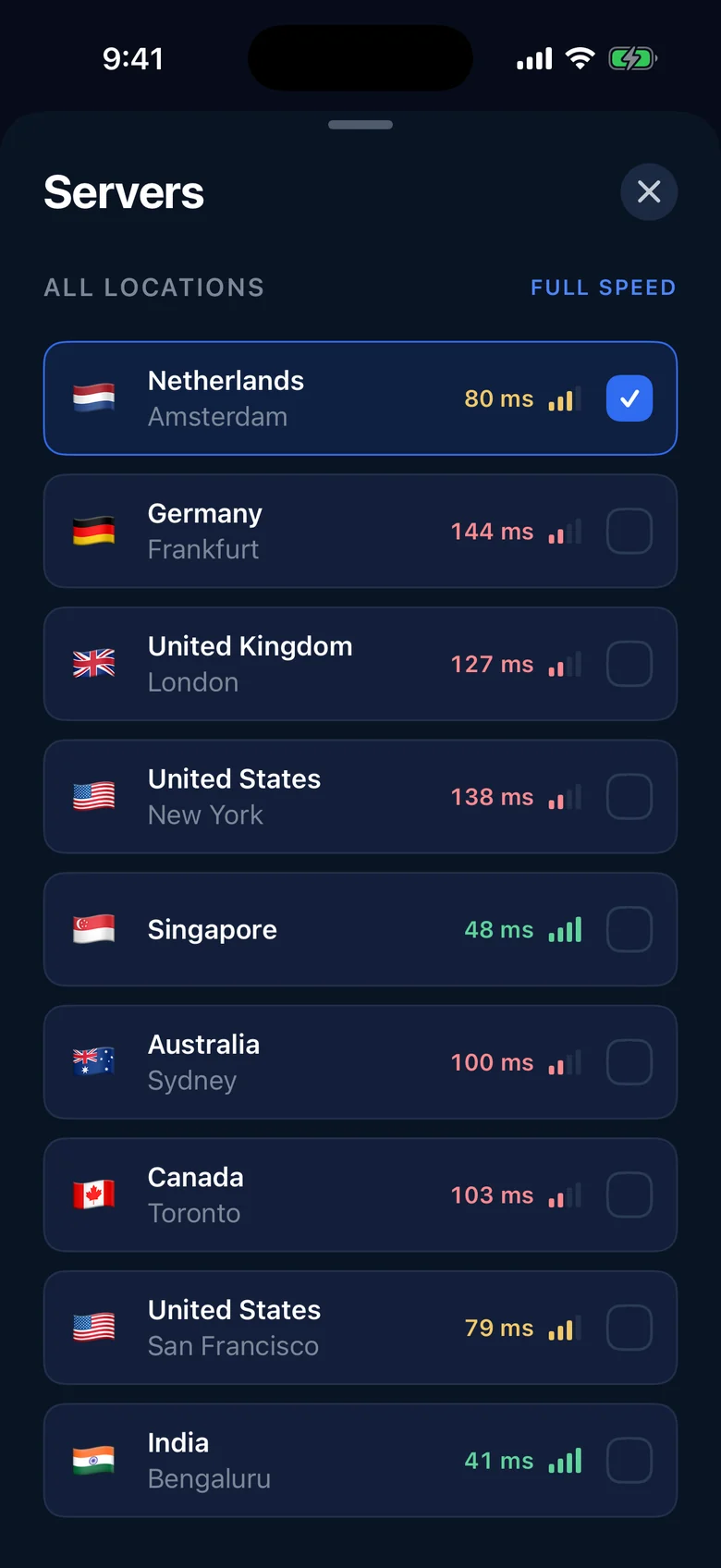 Kavo VPN server list with response times